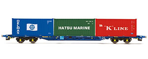 R6958 - Hornby Tiphook, KFA Container wagon, 93390, with 3 x 20' containers; Delmas/Hatsu/'K' Line - Era 11